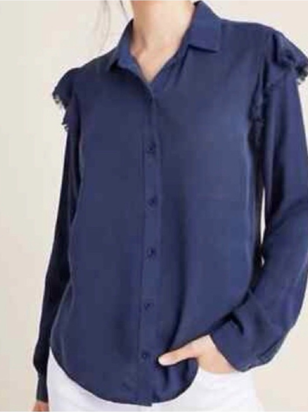 Anthropologie Cloth & Stone Navy Blue Ruffle-Shoulder Button-Down Shirt
